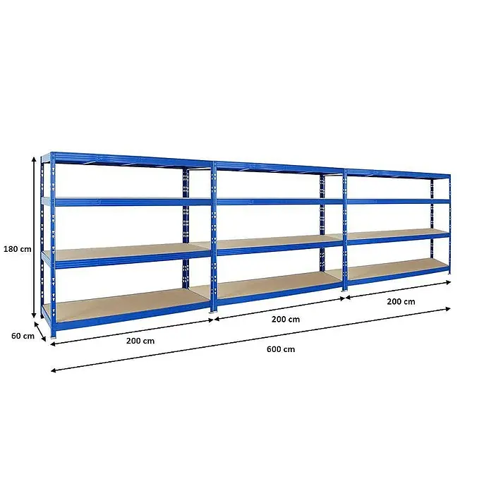 Proregal Schwerlastregal Mega Deal Profi RHINO - Traglast pro Boden: 500 kg, Anzahl Böden: 4 Stk., Stecken, Blau - Bild eines blauen Regalsystems mit drei Regalen, beschriftet mit Maßen (Höhe 180 cm, Tiefe 60 cm, Länge 200 cm pro Fach, 600 cm gesamt).