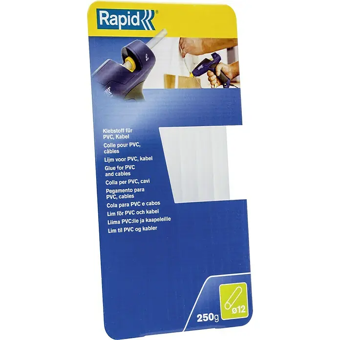 Rapid Klebepatronen - Geeignet für: PVC, 12 x 190 mm, Transparent, 250 g - Klebestifte von Rapid zur Verwendung mit PVC und Kabeln, 250g, Durchmesser 12 mm. Klebepistole im Hintergrund.