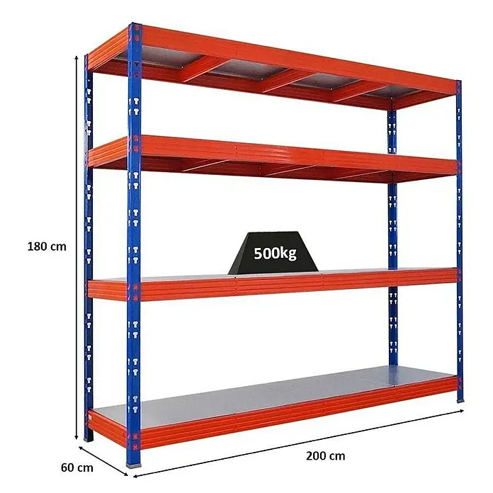 Proregal Schwerlastregal Profi RHINO - H x B x T: 180 x 200 x 60 cm, Traglast pro Boden: 500 kg, Anzahl Böden: 4 Stk., Stecken, Blau-Orange - Abbildung eines rot-blauen Schwerlastregals mit vier Ebenen, das 500 kg tragen kann. Abmessungen: 180 cm hoch, 200 cm breit und 60 cm tief.