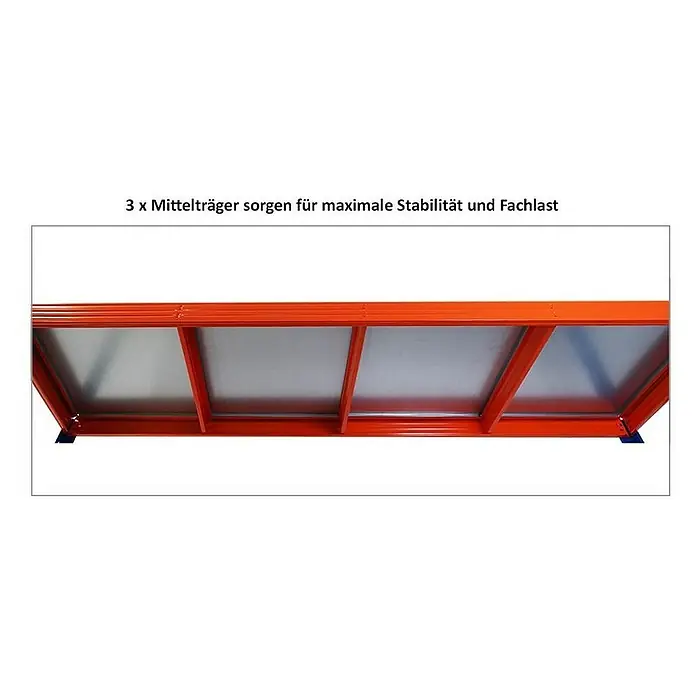 Proregal Schwerlastregal Profi RHINO - H x B x T: 180 x 200 x 60 cm, Traglast pro Boden: 500 kg, Anzahl Böden: 4 Stk., Stecken, Blau-Orange - Detailaufnahme eines Regals mit drei Mittelträgern, die für Stabilität und hohe Fachlast sorgen. Die Träger sind orange, die Regalböden silbern.