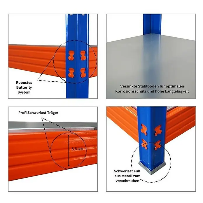 Proregal Schwerlastregal Profi RHINO - H x B x T: 180 x 200 x 60 cm, Traglast pro Boden: 500 kg, Anzahl Böden: 4 Stk., Stecken, Blau-Orange - Produktdetailaufnahme des Schwerlastregals mit Butterfly-System, verzinkten Stahlböden und Schwerlastfuß.
