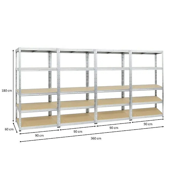 Proregal Schwerlastregal Mega Deal Tiger - H x B x T: 180 x 90 x 60 cm, Traglast pro Boden: 265 kg, Anzahl Böden: 5 Stk., Stecken, Verzinkt - Das Bild zeigt ein Regalsystem mit mehreren Ebenen, ideal für Lagerung und Organisation. Die Maße sind angegeben.\n