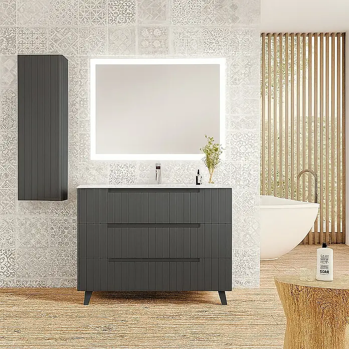 Mueble bajo de lavabo Claire - L x An x Al: 45 x 80 x 81 cm, Antracita, 1 seno, empotrado, salida central, Número de cajones: 3 ud. - Interior de baño elegante con tocador gris con cajones, espejo iluminado y un armario de pared a juego.