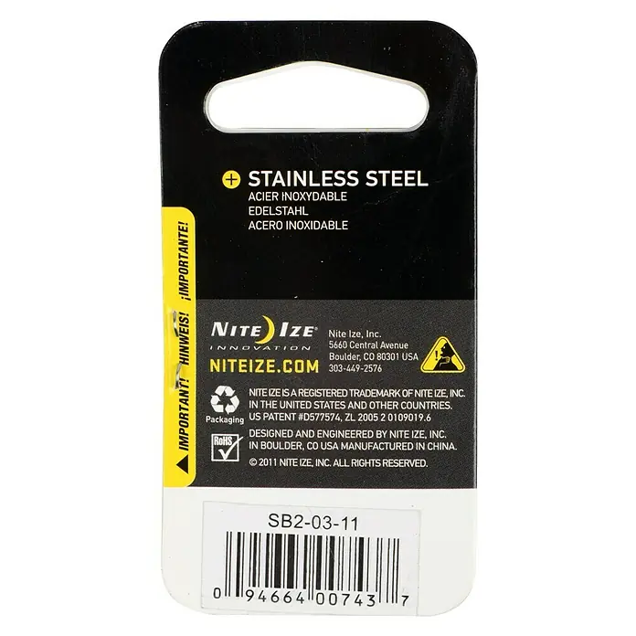 Nite Ize Doppelkarabiner - 50 x 22 mm, Edelstahl, Silber, Belastbarkeit: 4,5 kg - Produktverpackung für Nite Ize Edelstahl-Produkt. Wichtiger Hinweis auf Deutsch, Spanisch und Englisch auf der Verpackung.