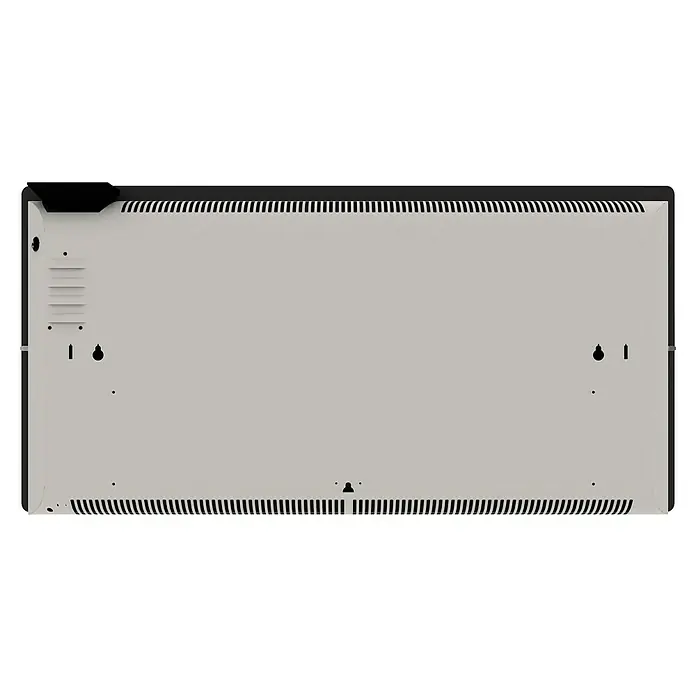 ClimaStar Speichersteinheizung Comfort Line WiFi - Schieferschwarz - Rückansicht eines Heizkörpers mit Rippen für Konvektionswärme und Montagepunkten.