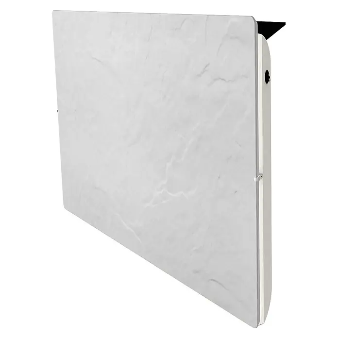 ClimaStar Emisor térmico cerámico WS2000CW Comfort Line - Blanco Pizarra - Primer plano de un radiador blanco con textura de mármol montado en la pared. Proporciona calor y un ambiente elegante.