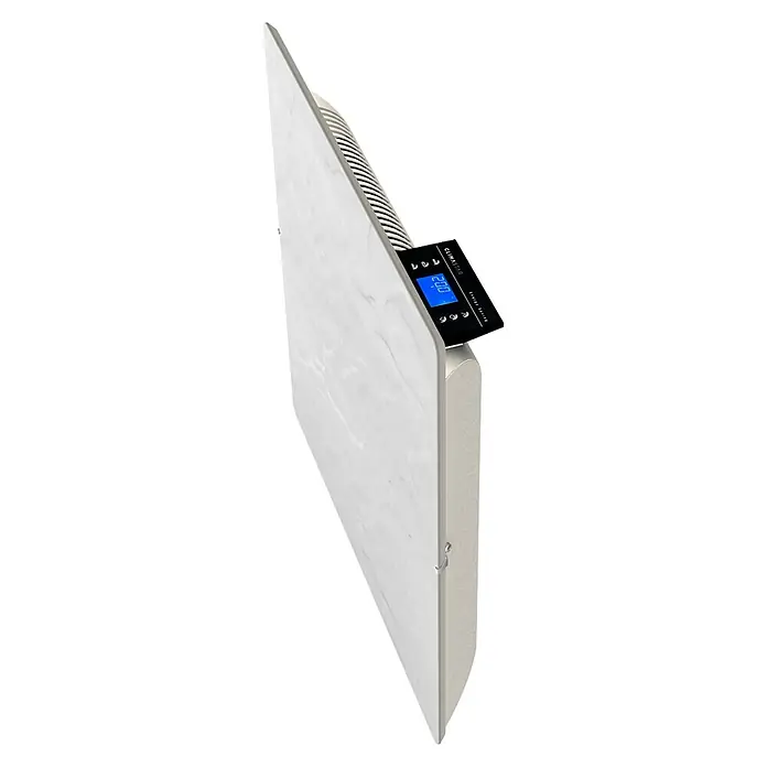 ClimaStar Speichersteinheizung Comfort 3in1 WiFi - Schieferweiß - Das Bild zeigt einen Climastar Marmor Heizkörper mit digitaler Anzeige, der für energieeffiziente Wärme in Innenräumen sorgt.