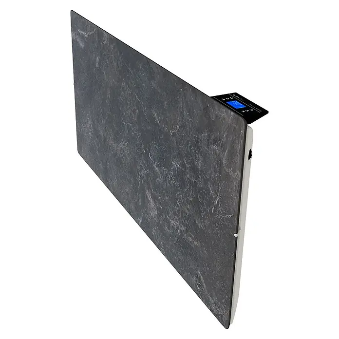 ClimaStar Speichersteinheizung Comfort Line WiFi - Schieferschwarz - Eine Nahaufnahme eines Heizpaneels mit einem schwarzen Marmor-Design und einem digitalen Display zur Temperaturkontrolle.