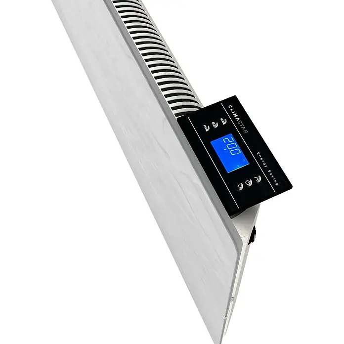 ClimaStar Speichersteinheizung Comfort Line WiFi - Schieferweiß - Nahaufnahme eines CLIMASTAR Heizgeräts mit digitaler Anzeige, die "20.0" anzeigt.