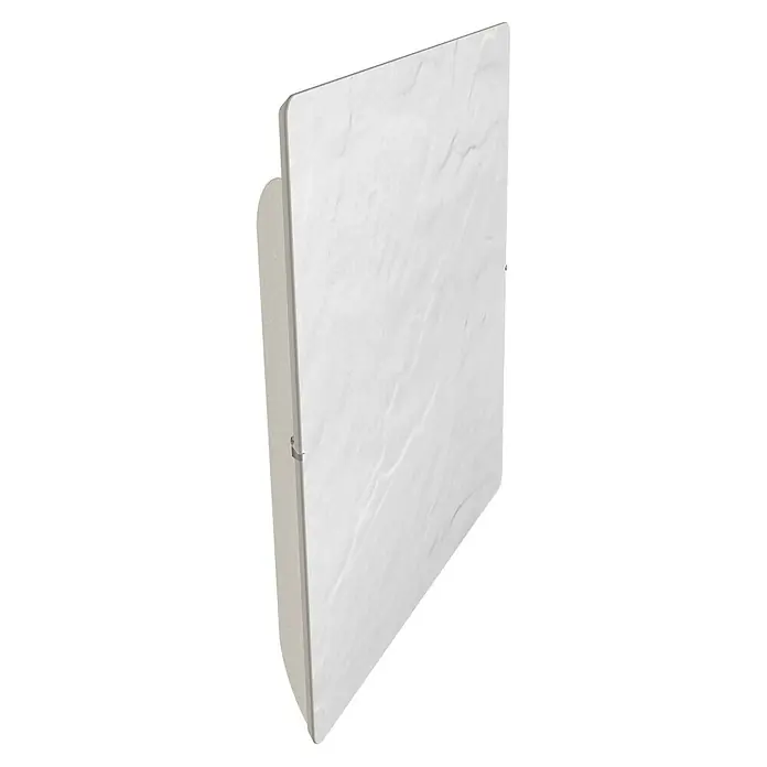 ClimaStar Speichersteinheizung Comfort 3in1 WiFi - Schieferweiß - Nahaufnahme einer weißen Heizkörperabdeckung mit Marmoroptik, die elegante Wärme und modernes Design vereint.