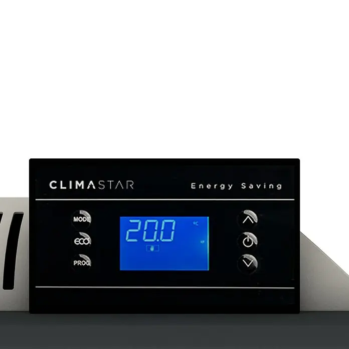 ClimaStar Speichersteinheizung Comfort 3in1 WiFi - Schieferschwarz - Nahaufnahme des ClimaStar Heizkörper-Bedienfelds mit digitaler Temperaturanzeige und Energiesparfunktionen.