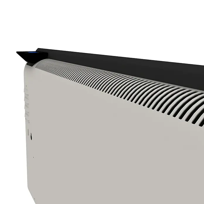 ClimaStar Speichersteinheizung Comfort Line WiFi - Schieferschwarz - Nahaufnahme eines Heizkörpers mit Lamellen und einer dunklen Oberseite. Er sorgt für Wärme und Komfort in jedem Raum.