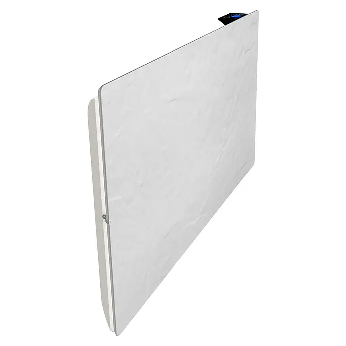 ClimaStar Speichersteinheizung Comfort Line WiFi - Schieferweiß - Das Bild zeigt ein modernes Marmorheizpaneel mit digitaler Anzeige und schlankem Design. Es ist eine elegante und effiziente Heizlösung für jeden Raum.