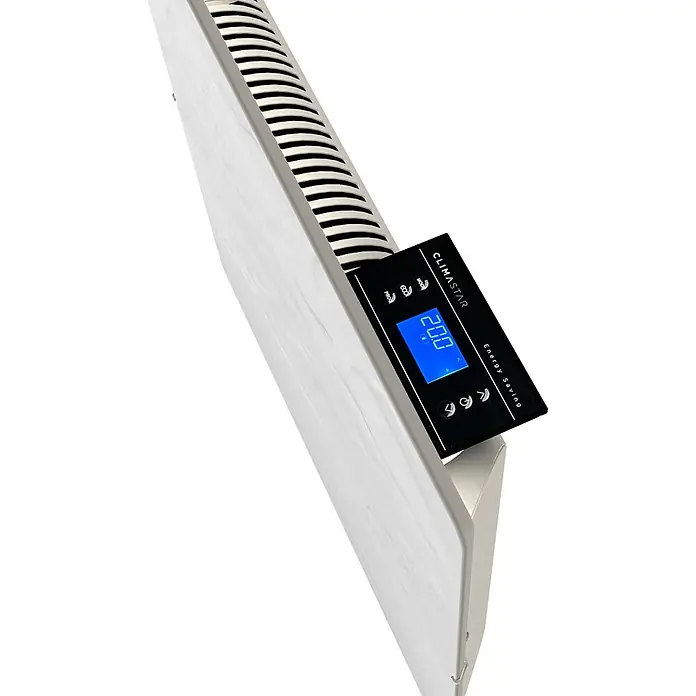 ClimaStar Speichersteinheizung Comfort 3in1 WiFi - Schieferweiß - Nahaufnahme eines Climastar-Heizkörpers mit digitaler Steuerung, der Energieeinsparungen anzeigt. Elegantes Design für moderne Raumheizung.