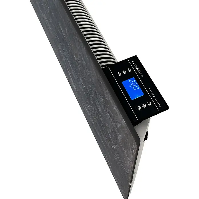 ClimaStar Speichersteinheizung Comfort Line WiFi - Schieferschwarz - Nahaufnahme eines Climastar-Heizgeräts mit digitaler Anzeige und Energiesparfunktion. Das elegante Design fügt sich nahtlos in moderne Räume ein.