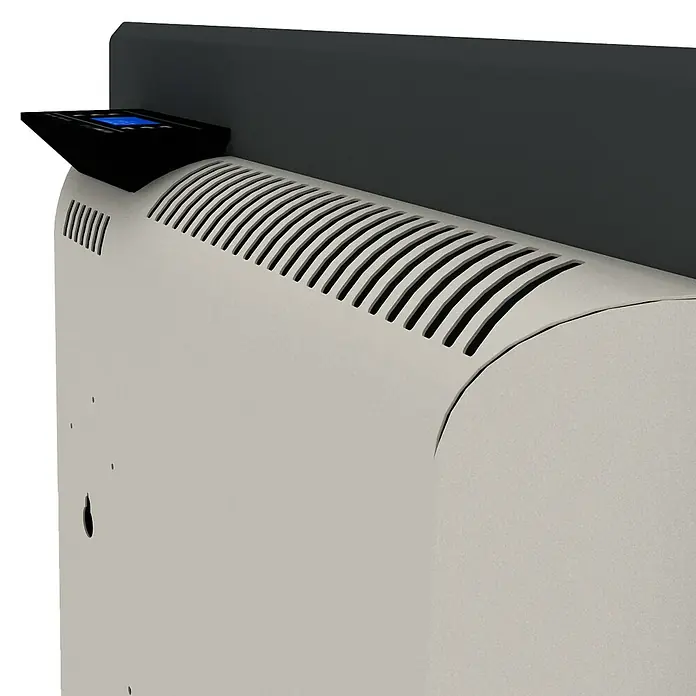 ClimaStar Speichersteinheizung Comfort 3in1 WiFi - Schieferschwarz - Nahaufnahme einer Heizung mit Lüftungsschlitzen und Bedienelementen.