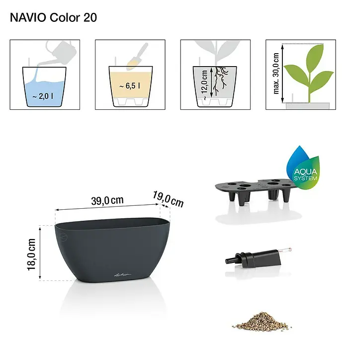 Lechuza Pflanzschale eckig Navio - Außenmaß (L x B x H): 39 x 19 x 18,3 cm, Kunststoff, Sandbraun - Produktbild des NAVIO Color 20 Pflanzgefäßes mit Größenangaben und Zubehör für das Aqua System.
