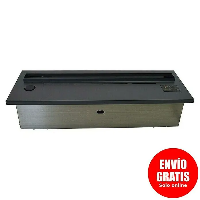 Purline Chimenea eléctrica Firecool Orange 70 - Negro, 110 W, 19 x 70 x 24 cm - La imagen muestra una chimenea de etanol moderna en negro y plata. Tiene un diseño sencillo, ideal para un ambiente elegante.