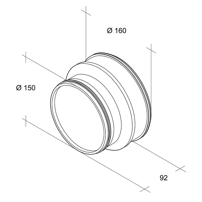 Air-Circle Wickelfalzrohr-Reduzierung - Durchmesser: 160 mm - 150 mm, Stahl - Abbildung eines Rohrverbindungsstücks mit den Durchmessern 150 mm und 160 mm, sowie einer Länge von 92 mm. Schematische Darstellung der Rohrverbindung.