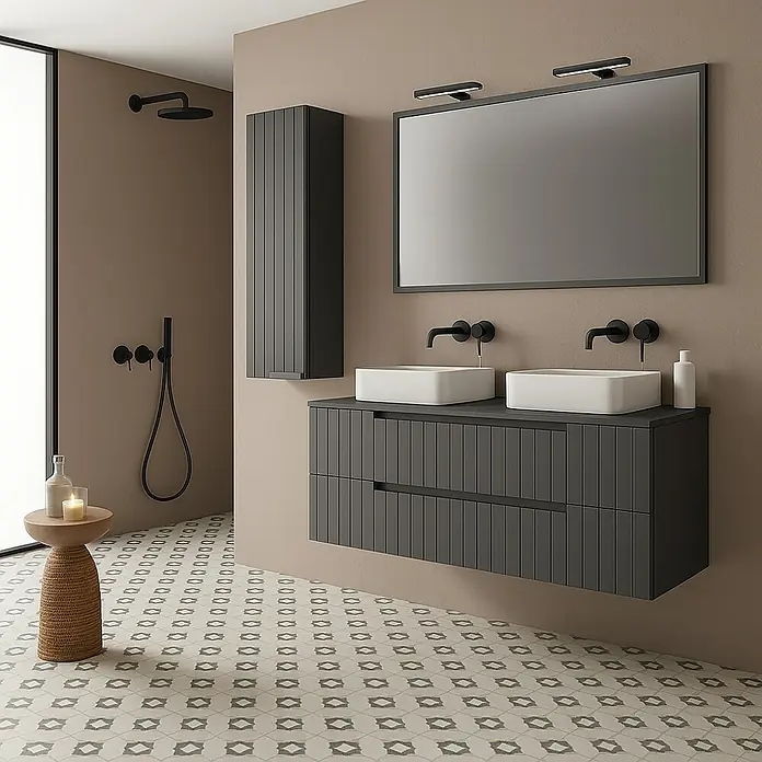 Mueble bajo de lavabo Claire - An x Pr x Al: 120 x 45 x 50 cm, Antracita, 2 senos, sobreponer - Moderno interior de baño con un mueble de lavabo gris, dos lavabos sobre encimera y un espejo grande. Un elegante armario alto complementa el conjunto.