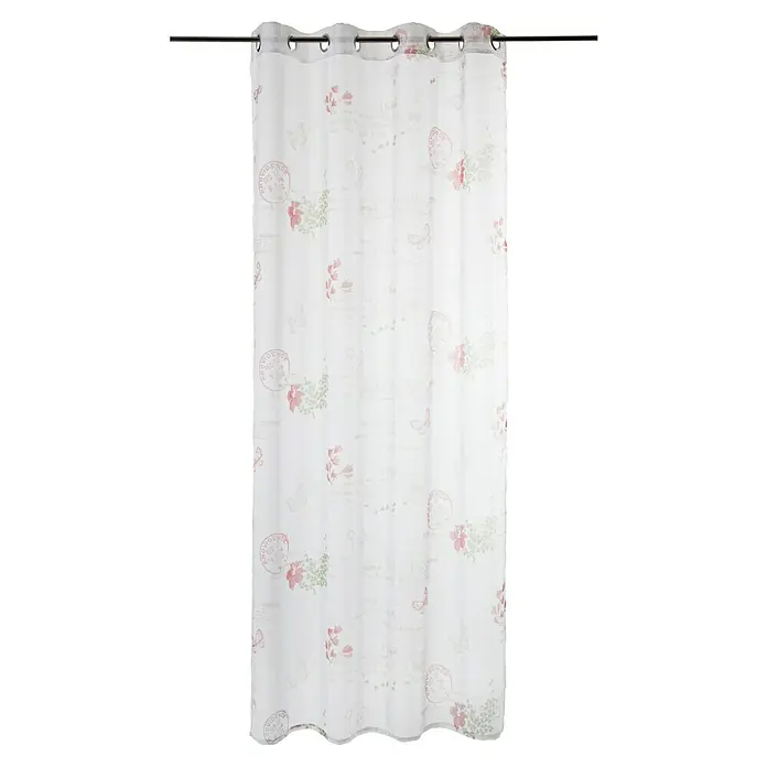 Expo Ambiente Ösenschal Leni - 135 x 245 cm, 100 % Polyester, Pastell - Ein einzelner, weißer Gardinenschal mit aufgedruckten floralen Motiven und Aufhängungsösen präsentiert vor einem weißen Hintergrund.