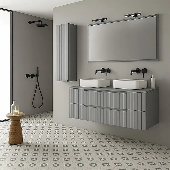 Mueble bajo de lavabo Claire - An x Pr x Al: 120 x 45 x 50 cm, Gris, 2 senos, sobreponer - Un baño elegante con un moderno tocador con lavabos dobles y un gran espejo.