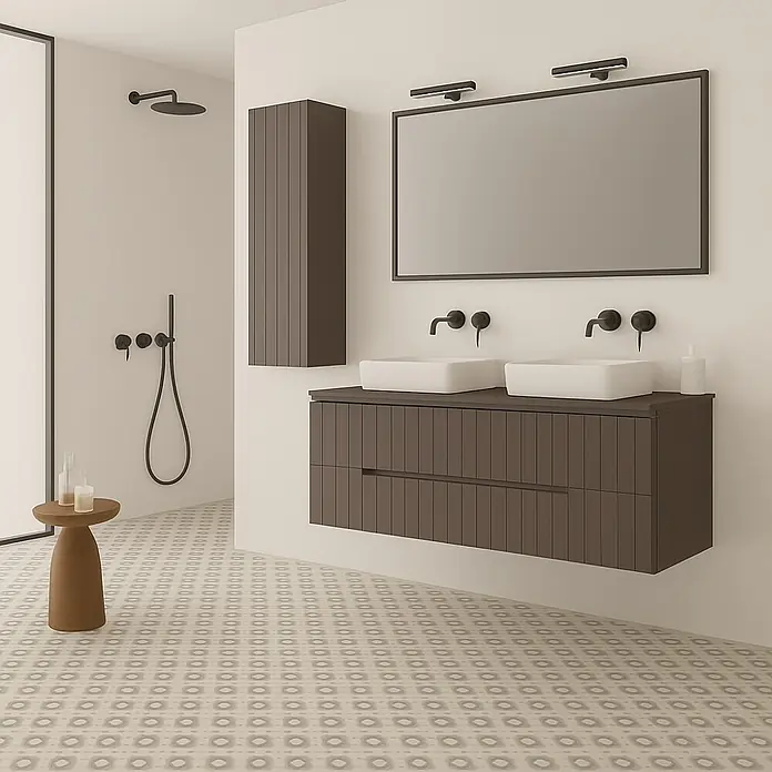 Mueble bajo de lavabo Claire - An x Pr x Al: 120 x 45 x 50 cm, Moka, 2 senos, sobreponer - Elegante interior de baño con un moderno tocador de doble lavabo, espejo y accesorios oscuros sobre un elegante suelo estampado.