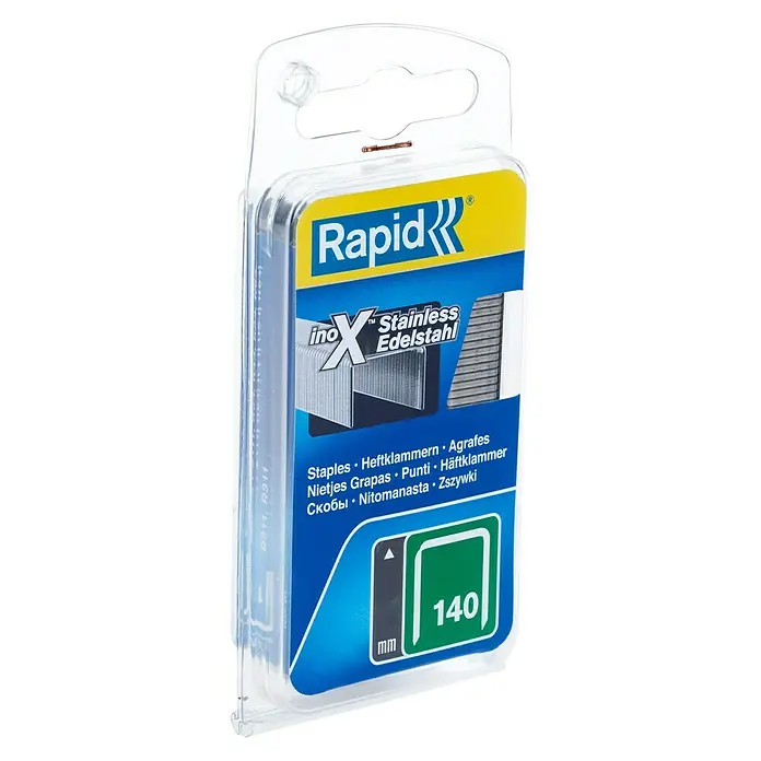 Rapid Flachdrahtklammern Typ 140 - V2A Stahl, Länge: 10 mm, Rückenbreite: 10,6 mm, 650 Stk. - Rapid Inox X Edelstahl Heftklammern Typ 140, verpackt in einer durchsichtigen Kunststoffverpackung mit gelb-blauem Etikett.