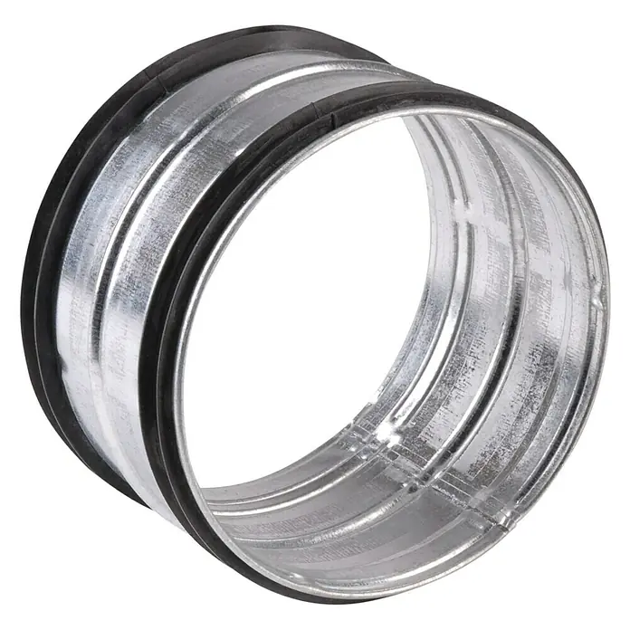 Air-Circle Wickelfalzrohr-Verbinder - Durchmesser: 150 mm, Stahl - Dieses Bild zeigt einen silbernen, runden Kanalverbinder mit zwei schwarzen Gummibändern, der für Lüftungsanlagen geeignet ist.