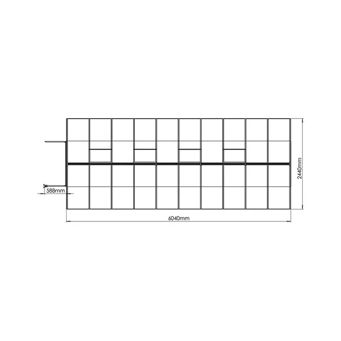 Palram – Canopia Gewächshaus Bella - Außenmaß inkl. Dachüberstand (B x T): 244 x 604 cm, 6 mm, Silber - Schematische Darstellung eines Gewächshaus-Designs mit Maßangaben, das die Abmessungen und die Anordnung der Paneele zeigt.