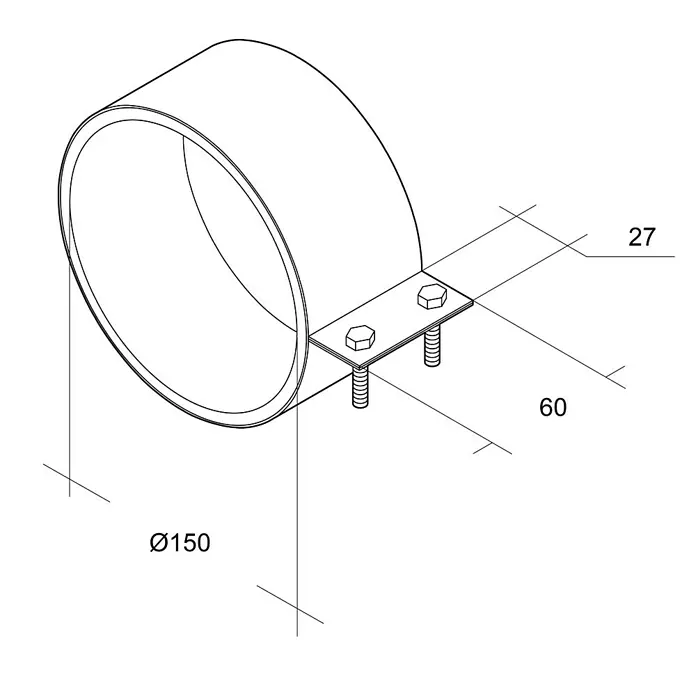 Air-Circle Manschette - Passend für: Rohrradialventilator 150, 2 Stk. - Schematische Darstellung einer Rohrschelle mit den Maßen Ø150, 27 und 60, ideal für technische Zeichnungen und Produktvisualisierungen.