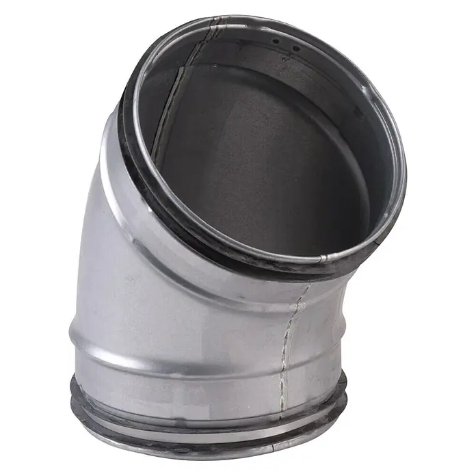 Air-Circle Wickelfalzrohr-Bogen - Durchmesser: 150 mm, Winkel: 45 °, Stahl - Ein metallischer Rohrbogen, vermutlich ein Lüftungsrohr, mit einer markanten Krümmung und Gummidichtungen. Ideal für Lüftungsanlagen.