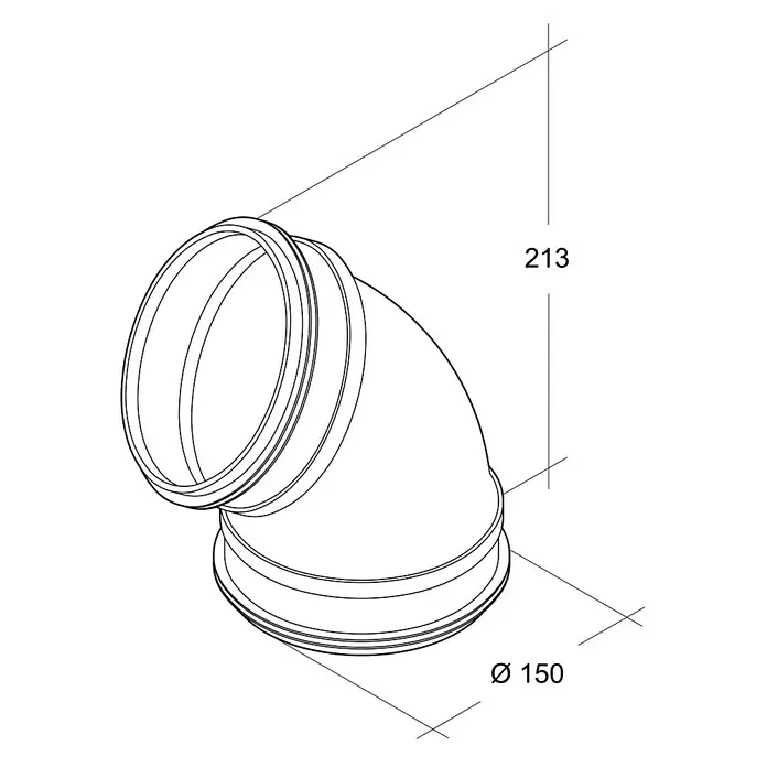 Air-Circle Wickelfalzrohr-Bogen - Durchmesser: 150 mm, Winkel: 45 °, Stahl - Abbildung eines 90-Grad-Rohrbogens mit den Maßen 213 mm Höhe und 150 mm Durchmesser, dargestellt in einer technischen Zeichnung.