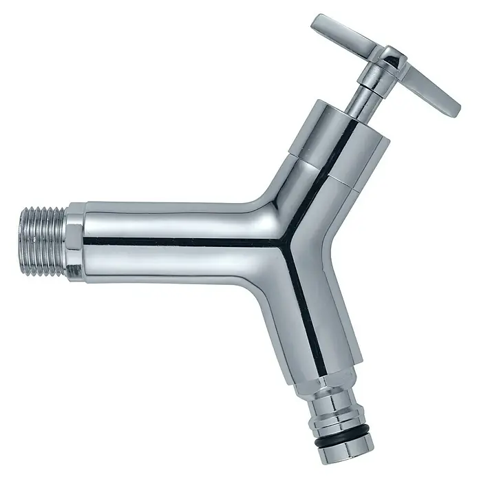 Garantia Design-Auslaufhahn - ¾″, Chrom - Nahaufnahme eines verchromten Wasserhahns mit T-förmigem Griff, der für Sanitäranwendungen geeignet ist. Das glänzende Design ist modern.