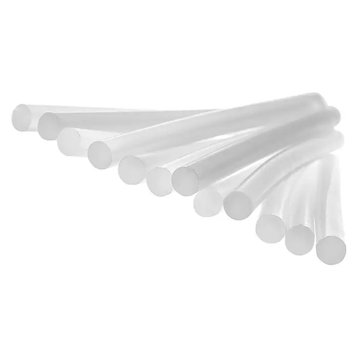 Rapid KlebepatronenGeeignet für: PVC, 12 x 94 mm, Transparent, 125 g - Ein Bild von mehreren transparenten Schmelzklebesticks, die sauber angeordnet sind. Ideal für Bastelarbeiten und Reparaturen.