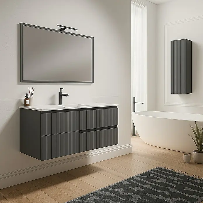 Mueble bajo de lavabo Claire - L x An x Al: 45 x 120 x 50 cm, Antracita, 1 seno, salida central, Número de cajones: 2 ud. - Un baño moderno con un tocador gris suspendido, un espejo y una bañera exenta.