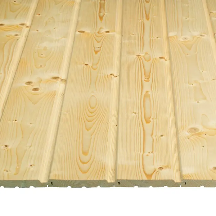 Friso machihembrado - 3.000 x 146 x 19 mm - Primer plano de paneles de madera clara sin tratar. Se ven claramente las vetas de la madera y la textura natural del producto de madera.