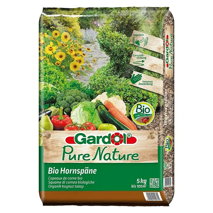 Gardol Bio-Hornspäne - 5 kg, Max. Anwendungsfläche: 100 m² - Bild einer Packung Gardol Pure Nature Bio Hornspäne mit Gemüse und Blumen.
