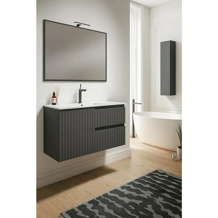Mueble bajo de lavabo Claire - L x An x Al: 45 x 100 x 50 cm, Antracita, 1 seno, salida central, Número de cajones: 2 ud. - Elegante baño con mueble de lavabo moderno gris, espejo estiloso y bañera exenta.