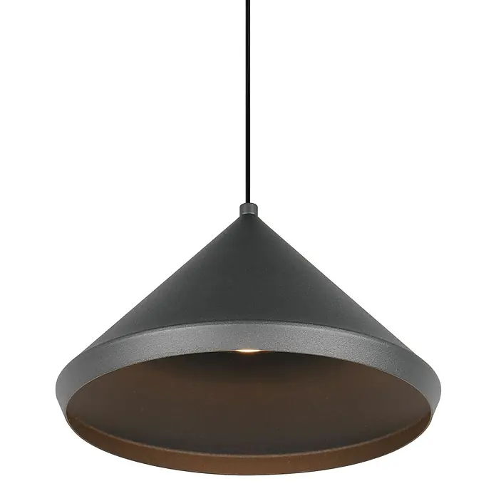Trio Leuchten Laguna LED-Pendelleuchte - 5 W, B x H: 18 x 200 cm, Schwarz matt, Warmweiß, Anzahl Leuchtmittel: 1 Stk. - Diese Nahaufnahme zeigt eine moderne graue Kegel-Hängeleuchte mit einem warmen Lichtschein im Inneren. Das schlichte Design macht sie zu einem Hingucker.