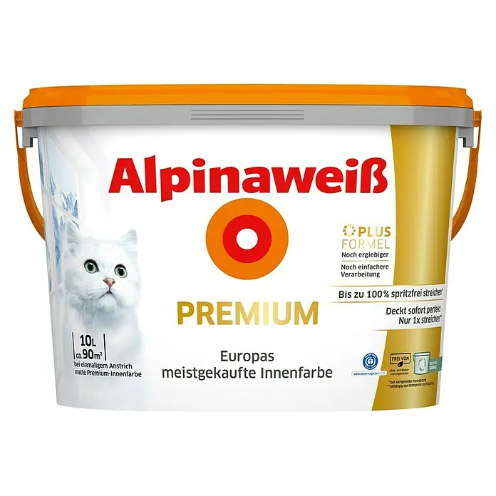 Alpina Alpinaweiss Wandfarbe Premium - Weiß, Matt, 10 l, Konservierungsmittelfrei - Alpinaweiß Premium Innenfarbe: Deckt perfekt, 10L für ca. 90m², Europas meistgekaufte Innenfarbe. Ideal für ein makelloses Ergebnis.