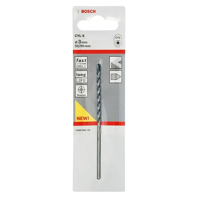 Bosch Beton- & Steinbohrer CYL-5 - Durchmesser Bohrer: 3 mm, 1 Stk., Arbeitslänge: 50 mm - Das Bild zeigt einen Bosch CYL-5 3mm Bohrer, ideal für präzise und schnelle Bohrungen mit langer Lebensdauer.