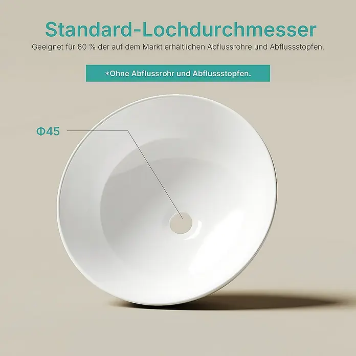 Emke Aufsatzwaschbecken CB30 - 41 x 41 cm, Hahnloch: Ohne, Ohne Überlauf, Weiß - Waschbecken mit Standard-Lochdurchmesser von 45 mm, geeignet für die meisten handelsüblichen Abflussrohre und -stöpsel.