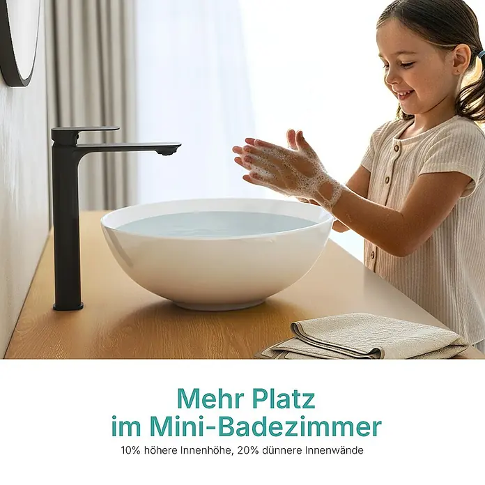 Emke Aufsatzwaschbecken CB30 - 41 x 41 cm, Hahnloch: Ohne, Ohne Überlauf, Weiß - Ein stilvolles Badezimmer mit schlankem, schwarzen Wasserhahn über einem modernen Aufsatzwaschbecken, das Funktionalität und Design vereint.