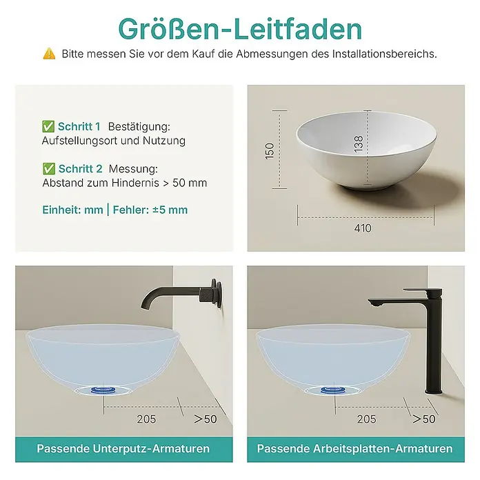 Emke Aufsatzwaschbecken CB30 - 41 x 41 cm, Hahnloch: Ohne, Ohne Überlauf, Weiß - Größenleitfaden für Waschbecken: Installationshinweise und Maße für Unterputz- und Arbeitsplatten-Armaturen.