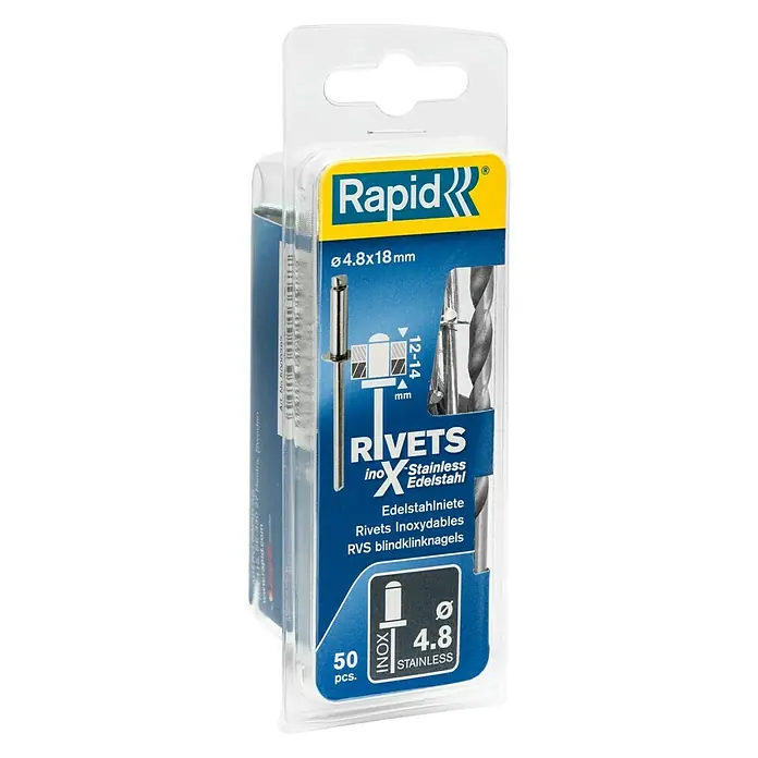 Rapid Blindniete - Nietdurchmesser: 4,8 mm, Nietlänge: 18 mm, 50 Stk. - Bild einer Rapid-Packung mit 50 Edelstahl-Blindnieten (Ø4,8x18mm) für robuste Verbindungen in verschiedenen Anwendungen.
