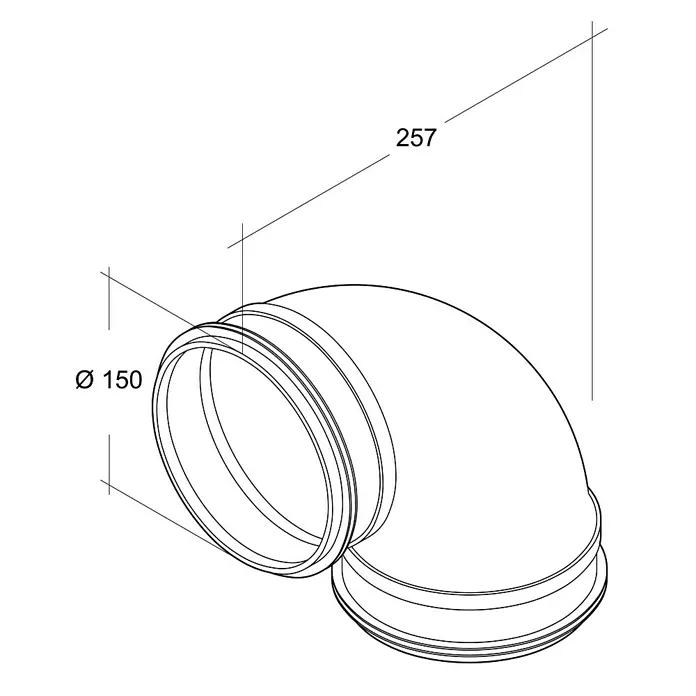 Air-Circle Wickelfalzrohr-Bogen - Durchmesser: 150 mm, Winkel: 90 °, Stahl - Darstellung eines Rohrbogens mit den Maßen Ø 150 und 257, ideal für Sanitär- und Heizungsinstallationen.