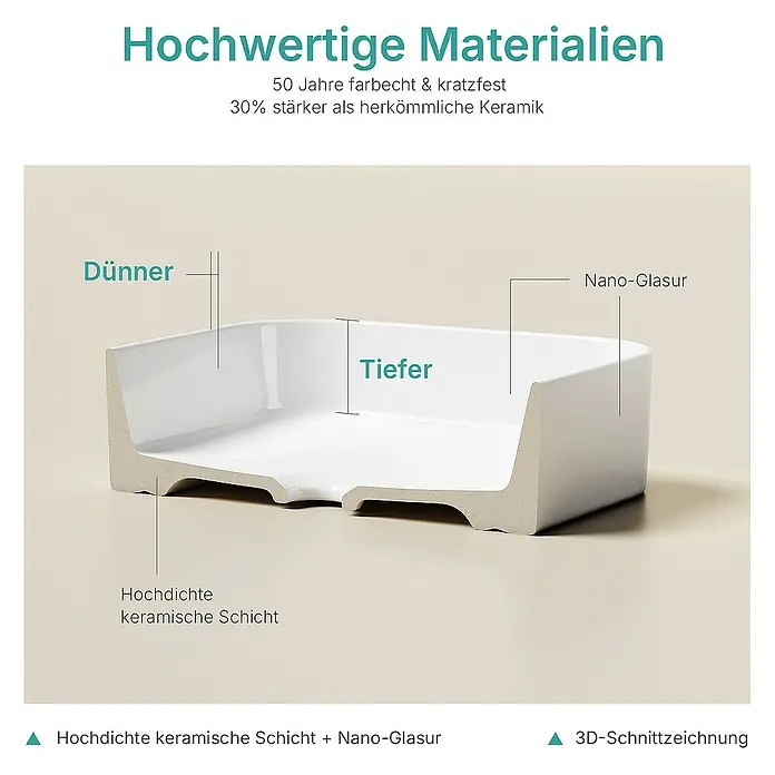 Emke Aufsatzwaschbecken CB29 - 37 x 50,5 cm, Hahnloch: Ohne, Ohne Überlauf, Weiß - Darstellung einer Keramikschale im Querschnitt, die die hochwertige Materialzusammensetzung und die robuste Bauweise hervorhebt.