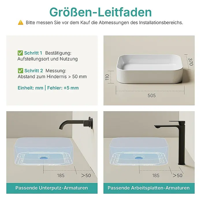 Emke Aufsatzwaschbecken CB29 - 37 x 50,5 cm, Hahnloch: Ohne, Ohne Überlauf, Weiß - Größen-Leitfaden für die Installation eines Waschbeckens, inklusive Maße und Hinweise zu passenden Armaturen für Arbeitsplatten.