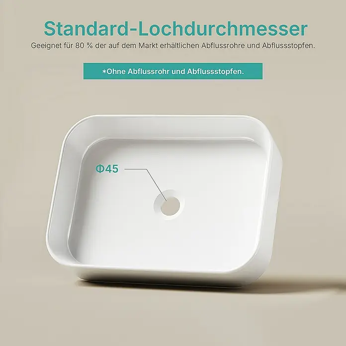 Emke Aufsatzwaschbecken CB29 - 37 x 50,5 cm, Hahnloch: Ohne, Ohne Überlauf, Weiß - Waschbecken mit einem Standard-Lochdurchmesser von 45 mm, passend für die meisten Ablaufrohre und -stopfen auf dem Markt.